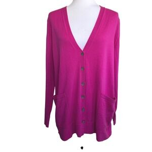 Marina Rinaldi Cardigan Sweater Pink Virgin Wool Button Front Magenta Pink M